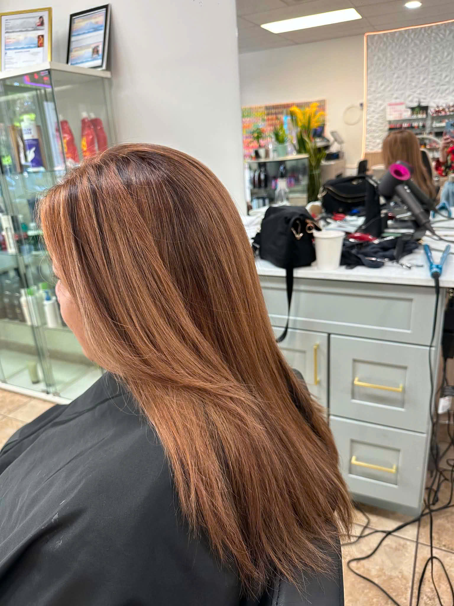 Honey brunette hair from the side