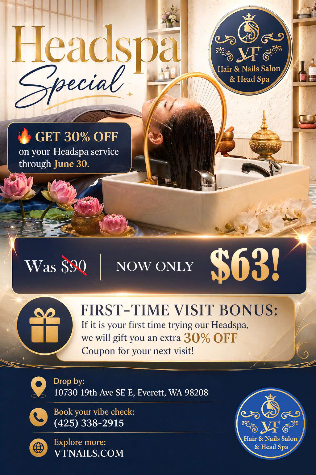 Headspa special promotion for VT Hair & Nails Salon with 30 percent off and first-time visit bonus
