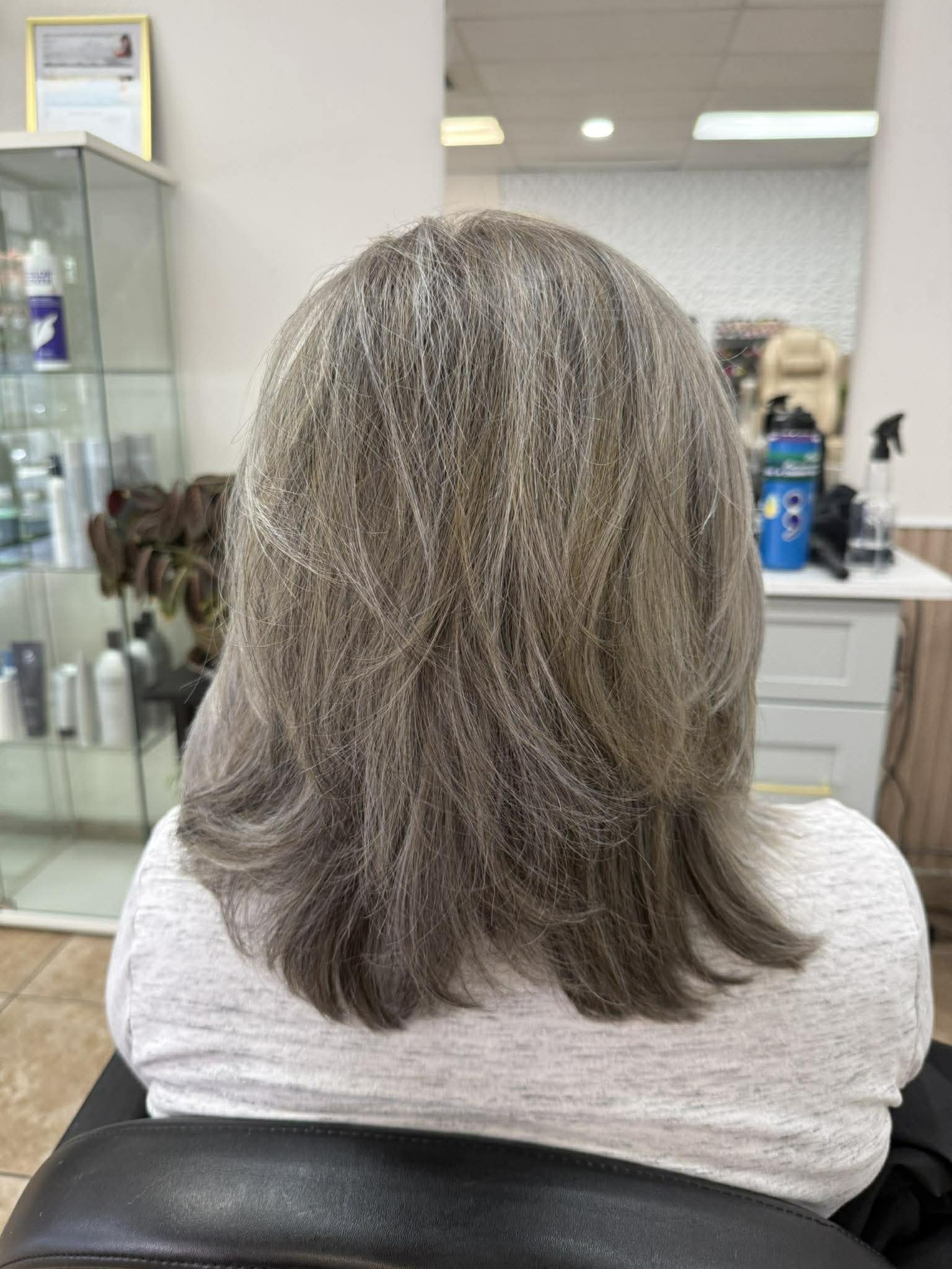 Soft silver layered haircut from the back