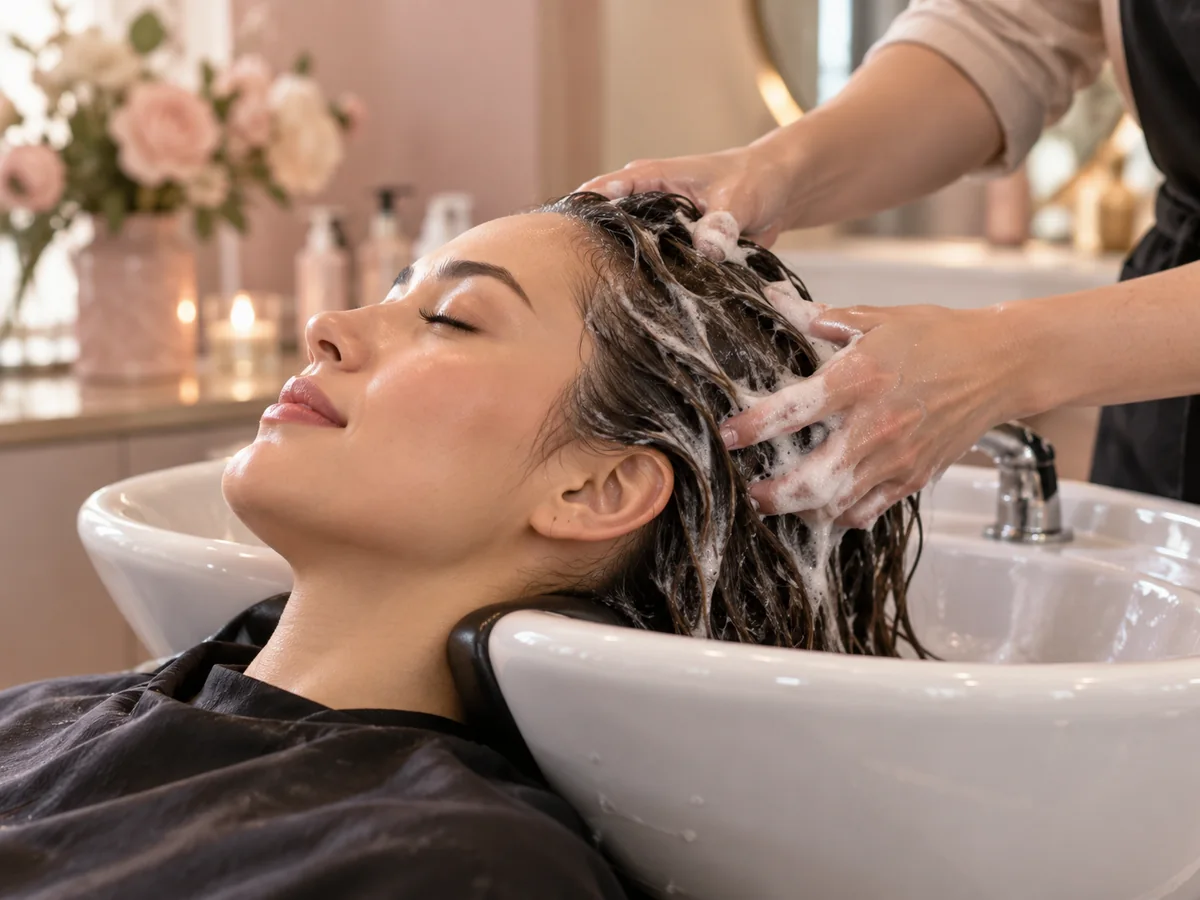 Relaxing head spa shampoo and scalp care at a ceramic salon basin