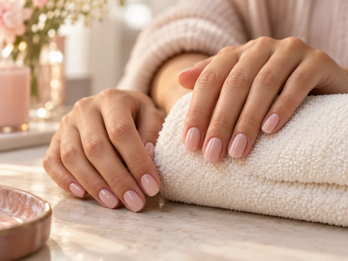 Sheer blush manicure on natural-length nails resting on an ivory towel